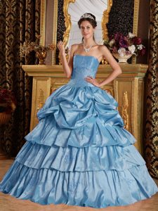 Attractive Blue Strapless Lace-up Quinceanera Gown in Taffeta with Beads