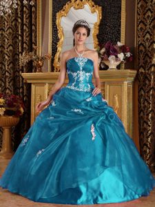 Teal Strapless Urbane Quince Dresses in Organza and Satin with Appliques