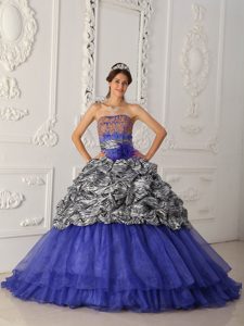 Strapless Zebra and Organza Quinceanera Dress in Blue with Chapel Train