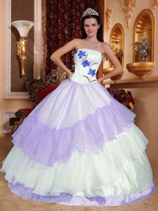 Maxi Lilac and White Strapless Embroidery Quinceanera Gowns in Organza