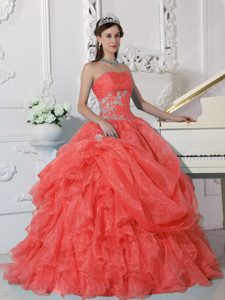 Surprising Orange Red Strapless Organza Beading Quince Dresses to Floor