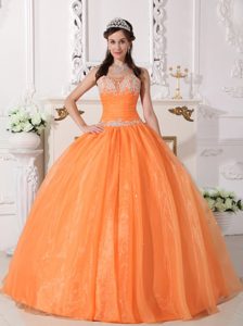 Ornate Orange Strapless Appliqued Quinces Dress in Taffeta and Organza