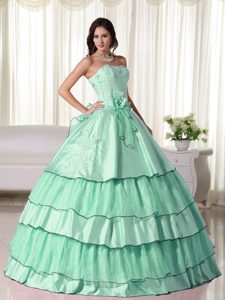 Beaded Apple Green Strapless Taffeta Quinceanera Gown with Flowers