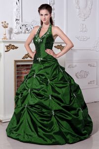 Halter Embroidery Taffeta Quinces Dress in Hunter Green on Sale