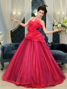 Coral Red Organza Quinceanera Dresses with Hand Made Flowers