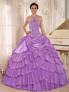 Halter Purple Organza Quinceanera Gowns with Pleat and Beaded Bodice