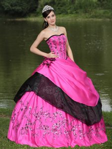 Fitted Hot Pink Embroidery Quinceanera Dresses with Hand Made Flowers