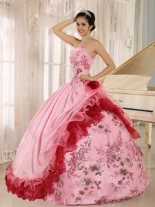 Rose Pink Quinceanera Gown Dress with Appliques and Handle Flowers