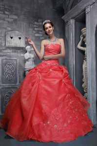 Beautiful Strapless Taffeta and Organza Appliqued Red Quince Dresses