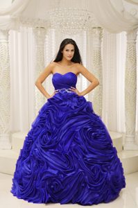 Blue Sweetheart Beaded Quinces Dresses with Hand Made Flower