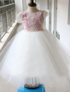 Scoop Cap Sleeves Ankle Length Beading Zipper Flower Girl Dresses with White and Lilac