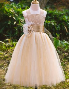 Champagne Straps Lace Up Lace Flower Girl Dresses Sleeveless