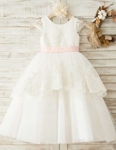 Artistic Scoop Cap Sleeves Organza Flower Girl Dresses for Less Lace and Appliques and Bowknot Zipper