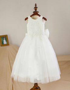 Scoop White Sleeveless Floor Length Lace and Bowknot Zipper Toddler Flower Girl Dress
