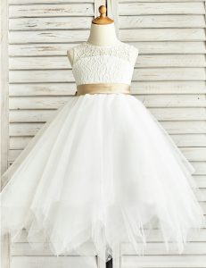 Scoop Sleeveless Flower Girl Dress Floor Length Lace and Ruffled Layers and Sashes ribbons White Tulle