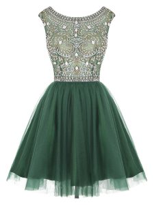 Dramatic Scoop Sleeveless Mini Length Beading and Appliques Zipper Prom Gown with Peacock Green