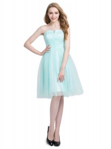 Sophisticated Turquoise Tulle Zipper Strapless Sleeveless Knee Length Prom Party Dress Ruching