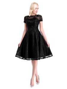 Lace Short Sleeves Knee Length Prom Party Dress and Lace