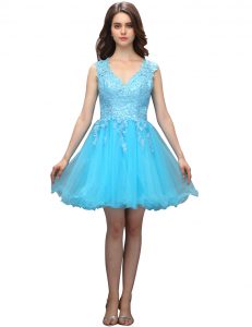 Unique V-neck Sleeveless Dress for Prom Mini Length Appliques Aqua Blue Organza