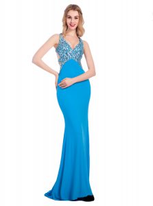 Extravagant Column/Sheath Homecoming Dress Baby Blue V-neck Silk Like Satin Sleeveless With Train Clasp Handle
