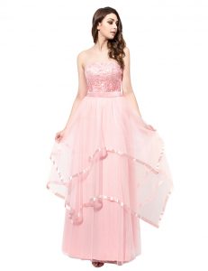 Flare Floor Length Baby Pink Prom Gown Strapless Sleeveless Zipper