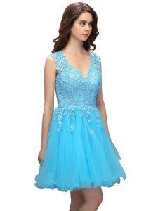 Pretty Baby Blue Prom Dress Prom and Party and For with Beading and Appliques V-neck Sleeveless Backless