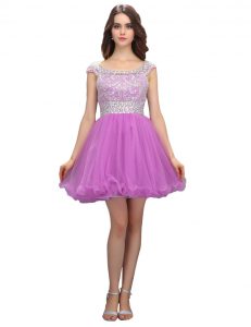 Gorgeous Square Cap Sleeves Zipper Prom Party Dress Lilac Organza