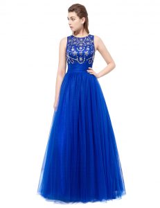 Royal Blue Empire Scoop Sleeveless Tulle Floor Length Backless Beading Homecoming Dress