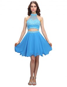 Glamorous Blue Sleeveless Beading Mini Length Evening Dress