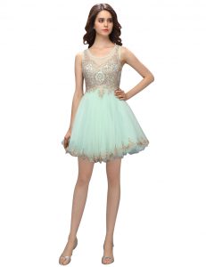 Flirting Scoop Apple Green Organza Zipper Prom Dresses Sleeveless Mini Length Beading and Appliques