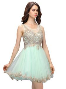 Apple Green A-line Organza Scoop Sleeveless Beading and Appliques Mini Length Zipper Prom Dress