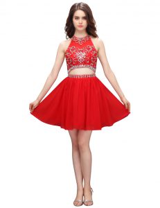 New Arrival Knee Length Coral Red Prom Party Dress High-neck Sleeveless Zipper