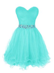 Turquoise Zipper Dress for Prom Beading and Ruffled Layers Sleeveless Mini Length