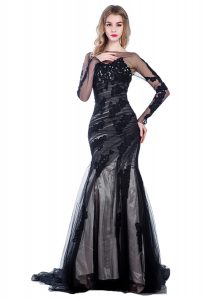 Court Train Mermaid Prom Dresses Black Bateau Tulle Long Sleeves With Train Zipper
