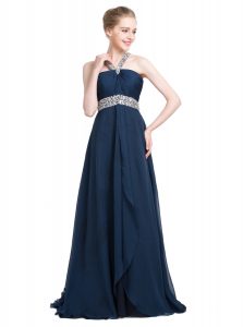 Blue Chiffon Backless Evening Dress Sleeveless Floor Length Beading