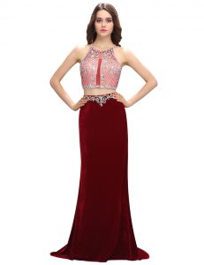 Scoop With Train Burgundy Homecoming Dress Elastic Woven Satin Sweep Train Sleeveless Beading and Appliques