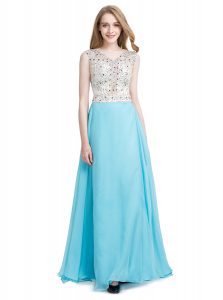 Scoop Sleeveless Floor Length Beading Zipper Prom Gown with Aqua Blue