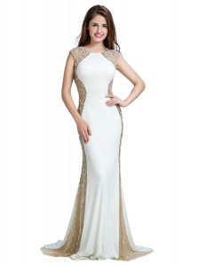 Pretty Scoop With Train Backless Dress for Prom White for Prom and Party with Beading Brush Train
