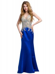 Simple Royal Blue Satin Backless Prom Dress Sleeveless Floor Length Beading