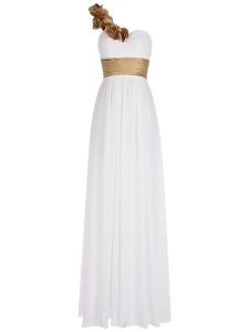 Flare White One Shoulder Zipper Ruching Evening Dress Sleeveless