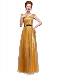 Dramatic Gold Zipper Scoop Beading and Sequins and Belt Homecoming Dress Sequined Cap Sleeves