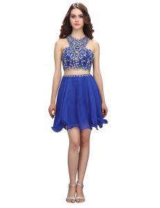 Royal Blue Criss Cross Scoop Beading Prom Evening Gown Organza Sleeveless