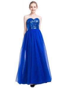 Fine Royal Blue Tulle Zipper Sweetheart Sleeveless Floor Length Dress for Prom Sequins