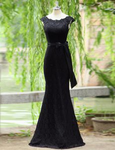Mermaid Black Zipper Scoop Lace Prom Party Dress Lace Sleeveless