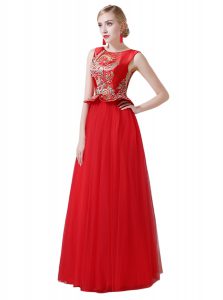Artistic Scoop Red Zipper Dress for Prom Beading and Appliques Sleeveless Floor Length