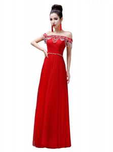 Off the Shoulder Sleeveless Floor Length Beading Lace Up Prom Dresses with Red