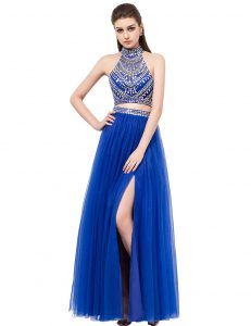 Fancy Floor Length Two Pieces Sleeveless Royal Blue Dress for Prom Criss Cross