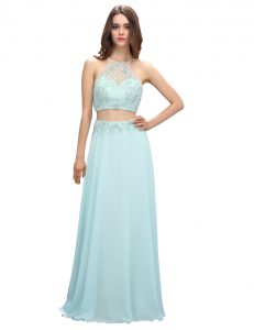 Gorgeous Light Blue Two Pieces Scoop Sleeveless Chiffon Floor Length Zipper Beading Prom Evening Gown