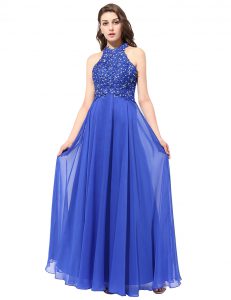 Halter Top Blue Sleeveless Chiffon Backless Prom Party Dress for Prom and Party