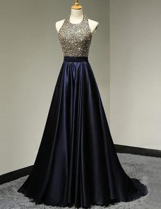 Modest Halter Top Navy Blue Sleeveless With Train Beading Backless Prom Dress